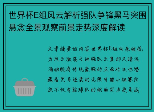 世界杯E组风云解析强队争锋黑马突围悬念全景观察前景走势深度解读