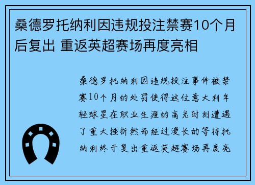 桑德罗托纳利因违规投注禁赛10个月后复出 重返英超赛场再度亮相